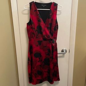 INC International Concepts Silky Red and Black Floral Fake Wrap Dress